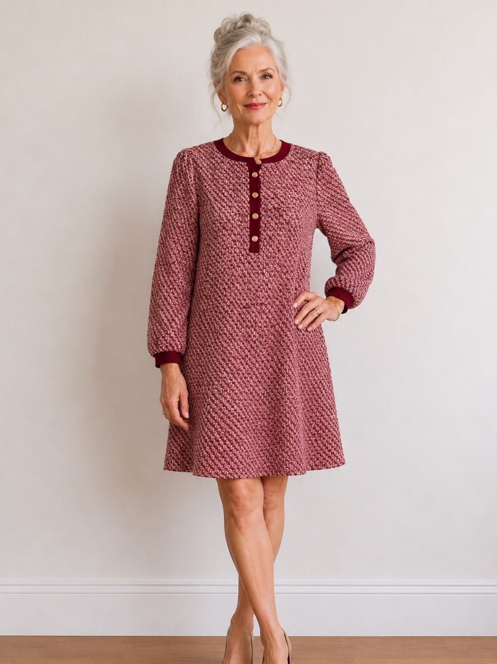 Shop The Mint Tweed Dress XL Burgundy Gold Button Puff Sleeve